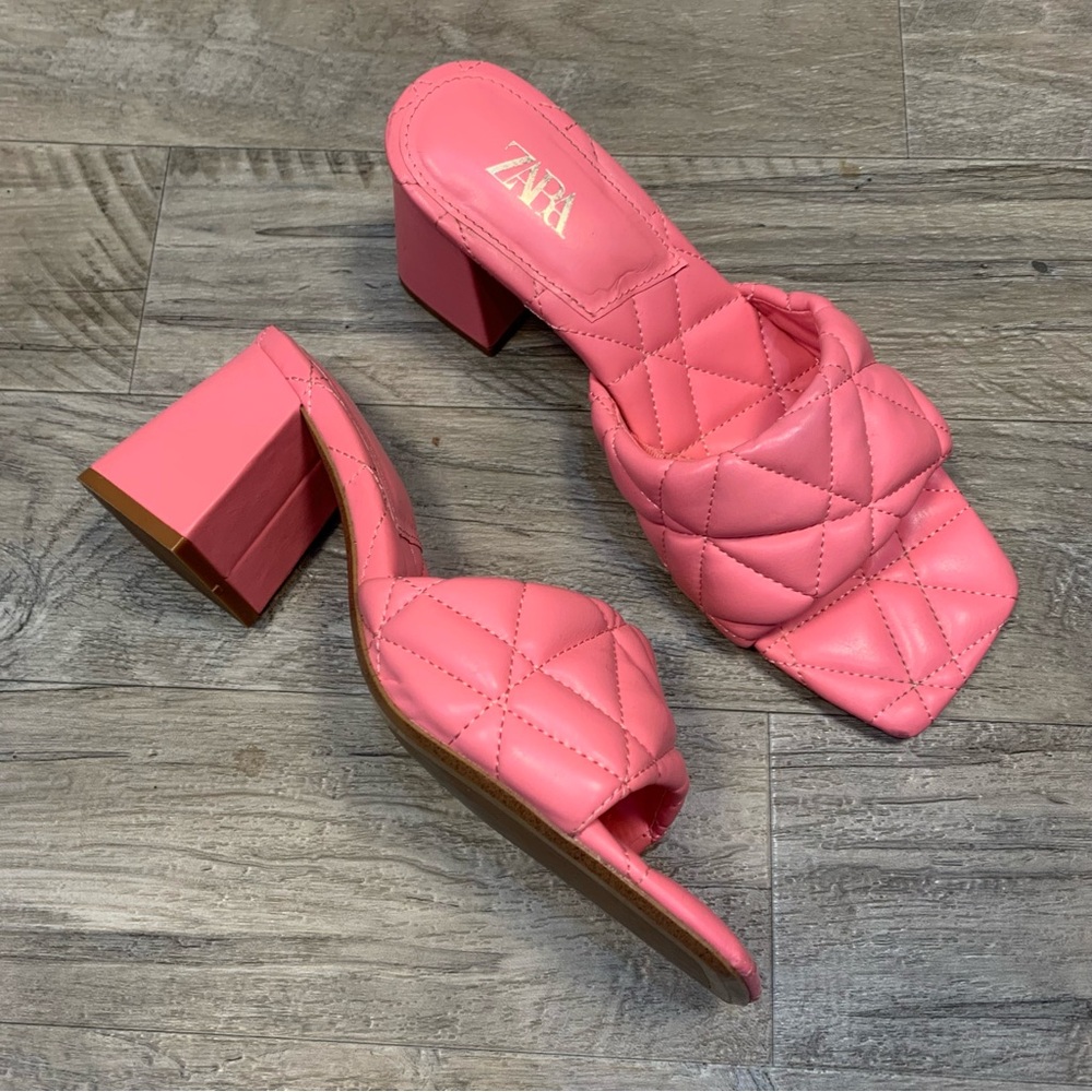 ZARA Quilted Vegan Leather Square Toe Block Heel Mules Shoes - Picture 1 of 11